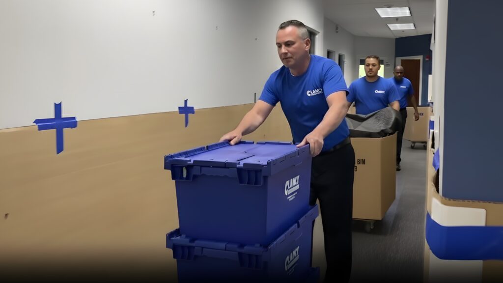 Movers use specialized equipment such as compact dollies, panel carts, lifts, and hoists to maneuver large or bulky items without damaging the property or the equipment.