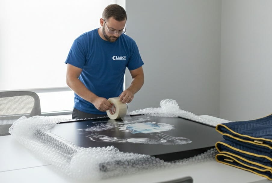 A male mover in a blue "Clancy" t-shirt and safety glasses stands over a white table, carefully applying clear packing tape to a large piece of artwork wrapped in thick bubble wrap. A stack of blue moving blankets sits to the side, representing specialized packing techniques.